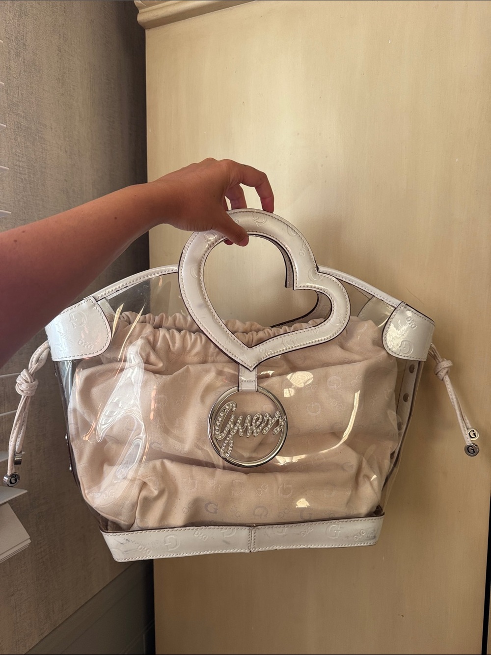 GUESS Clear Tote with White Heart Handle and Beige Inner Pouch